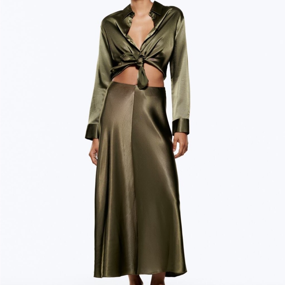 Zara Long Satin Green Effect Dress